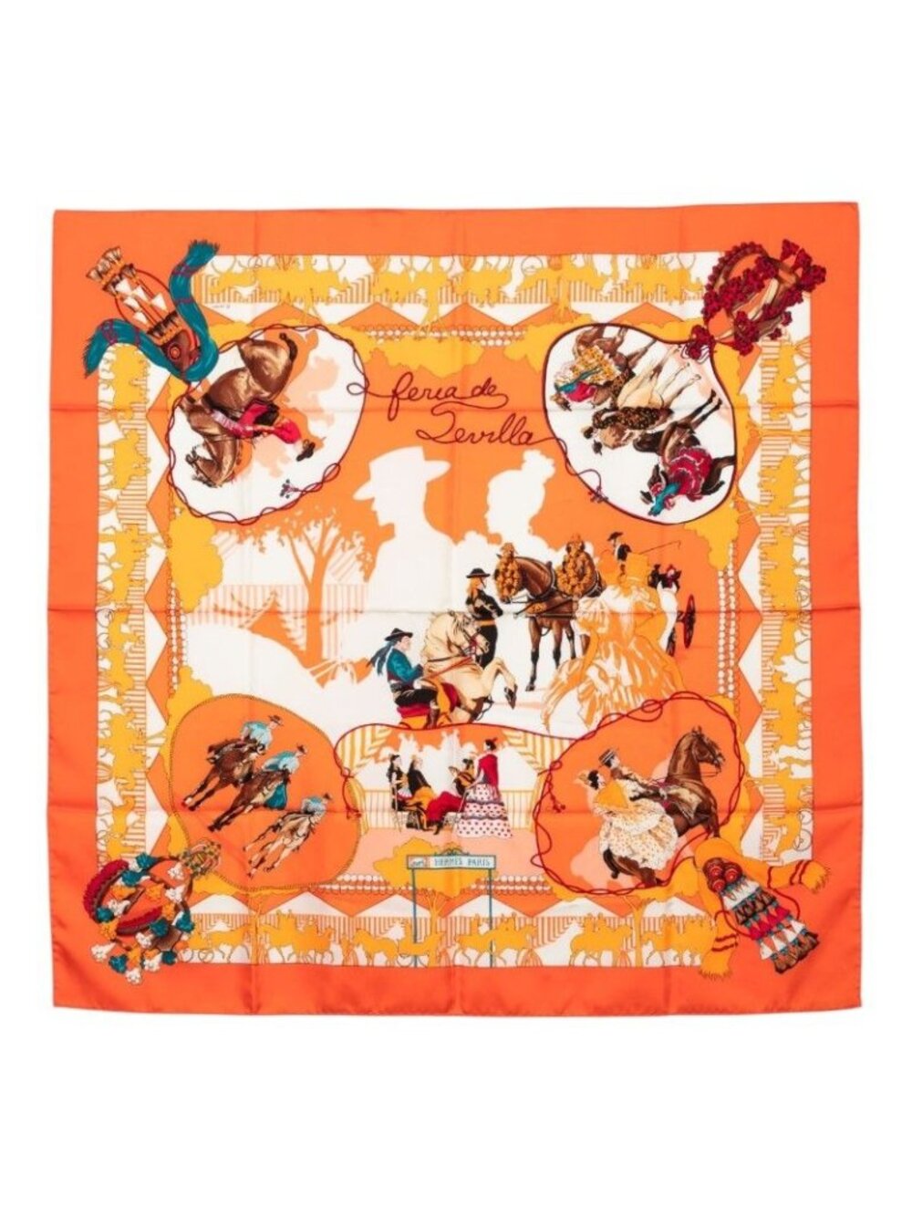 Hermes Carre 90 Feria de Sevilla Seville Holiday Scarf Orange Multicolor Silk